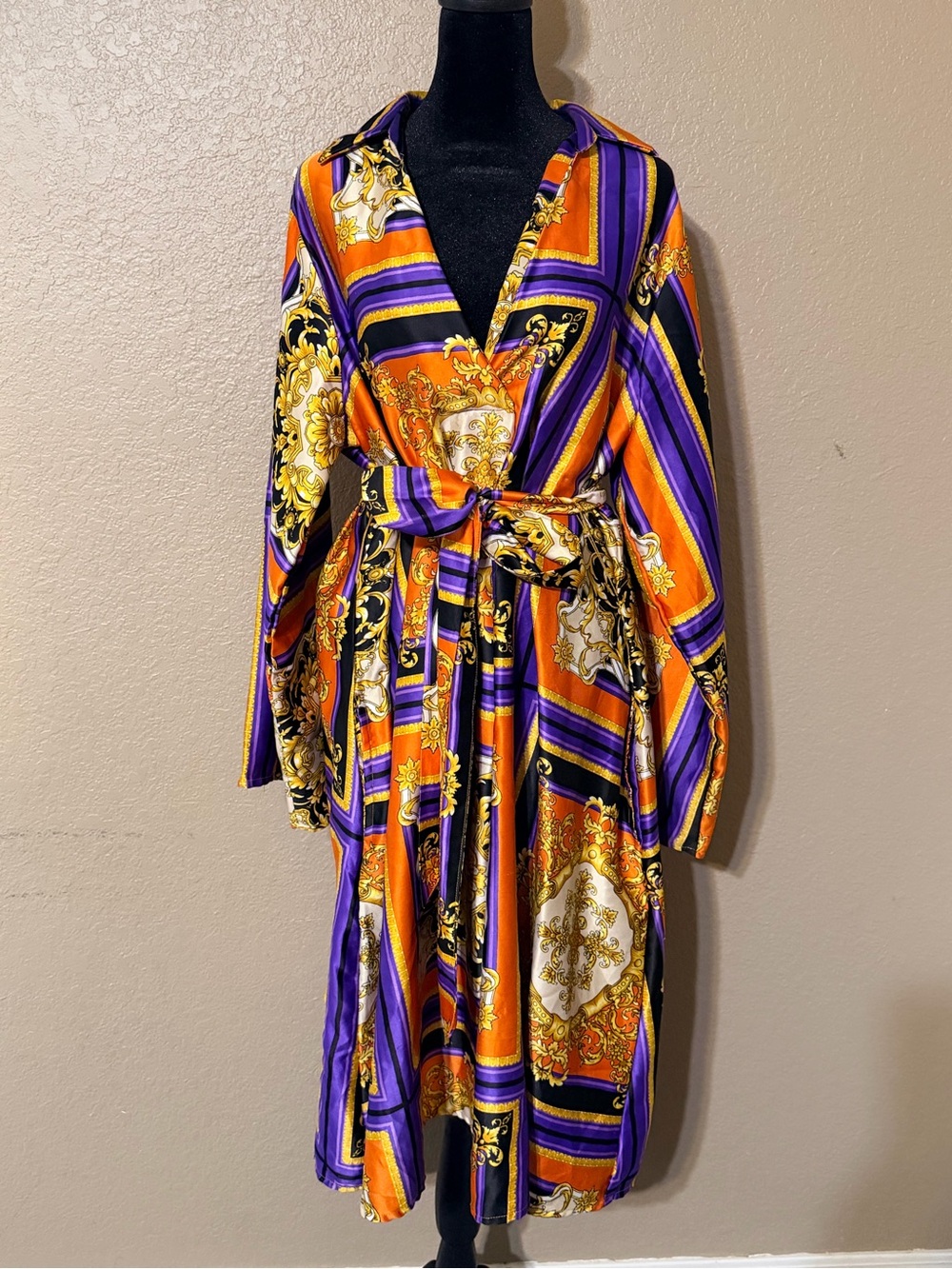 Ashley Stewart Orange, Purple & Gold Baroque Wrap Midi Dress